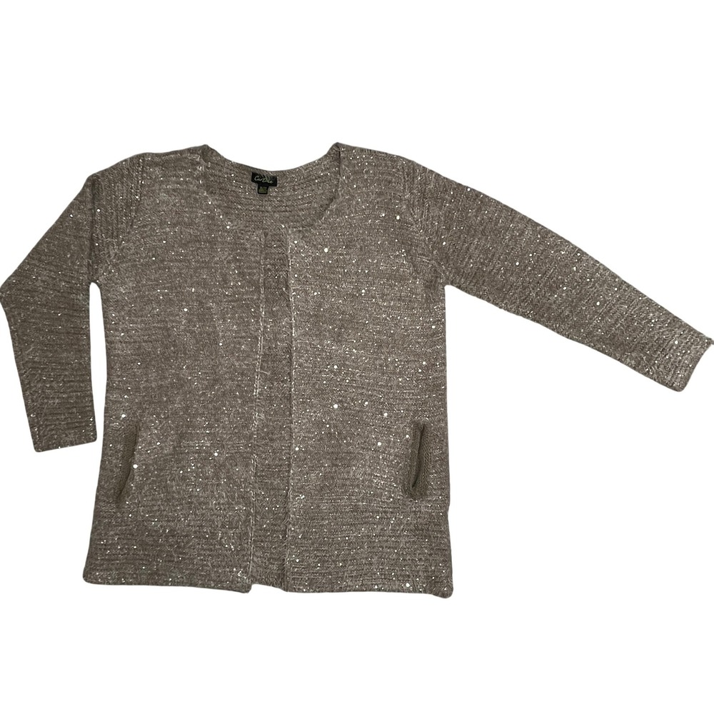 Cartise Women's XL Cardigan Beige‎ Sparkle Sequin Fuzzy Open Front Pockets